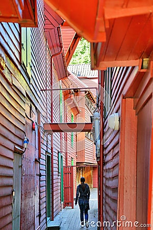 Bryggen back alleys in Bergen Editorial Stock Photo