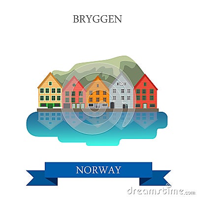 Bryggen in Norway historic flat vector attraction sight landmark Vector Illustration