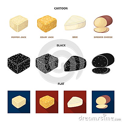Brynza, smoked, colby jack, pepper jack.Different types of cheese set collection icons in cartoon,black,flat style Vector Illustration
