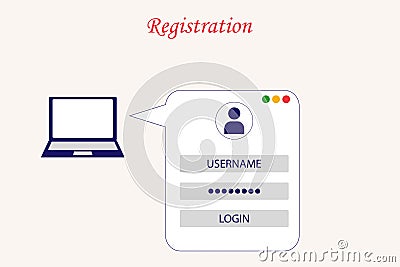 Registration on the site through a laptop Vector Illustration