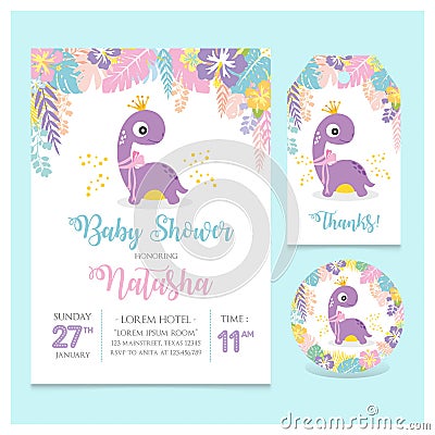 Set of Baby shower card with little dinosaur girl theme party Vector Illustration