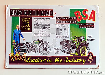 1934 BSA O.H.V. Vee Twin Motorcycle Wall Poster. Editorial Stock Photo