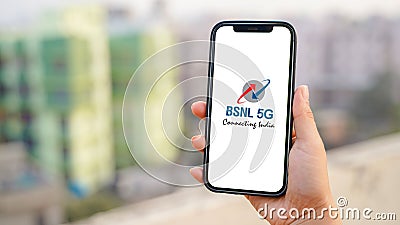 BSNL 5G displayed on a mobile phone screen, also known as Bharat Sanchar Nigam Limited Editorial Stock Photo