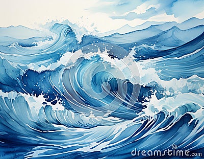 bstract blue watercolor ocean waves with dynamic motion and splash Stock Photo