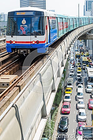 BTS Skytrain on Elevated Rails in Central Bangkok Editorial Stock Photo