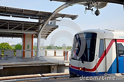 BTS or Skytrain stop receive people at Mochit station Editorial Stock Photo