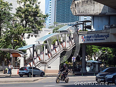 BTS station Victory Monument BANGKOK THAILAND-30 OCTOBER 2018;Is a sky train station Elevated over Phayathai Road. Bangkok Front Editorial Stock Photo