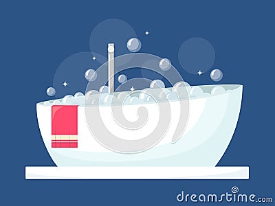 A modern bath full of foam with bubbles and a pink towel. The interior of the bathroom. Convenient equipment for swimming and rela Vector Illustration