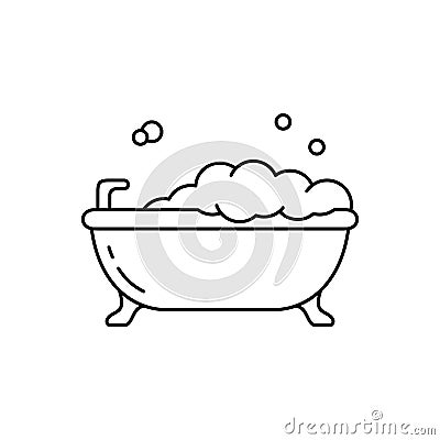 Bubble bath. Linear icon of bathtub on legs with lather. Black simple illustration of bathroom, hygiene, cleanliness of body. Vector Illustration