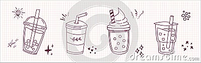 Bubble Boba milk tea, Pearl milk tea, Yummy drinks, coffees and soft drinks doodle style. Cute vector illustration of hot and iced Vector Illustration