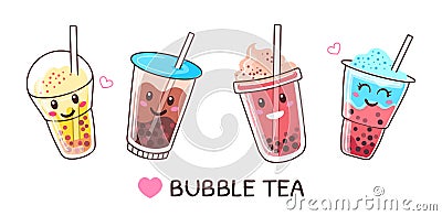 Bubble milk tea cups with cute faces, boba drink characters. Pearl milk drinks with tapioca pearls, cold summer boba Vector Illustration