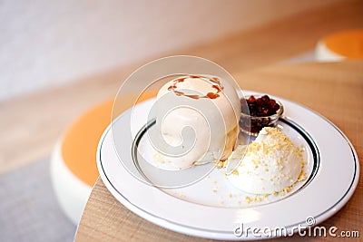 Bubble milk tea SoufflÃ© pancake dessert. Japanese fluffy pancake topped with fresh cream and bubble/boba pearl Stock Photo
