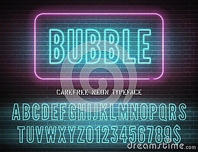 Bubble night light extra glowing effect hollow font with numbers on dark brick background. Vector blue neon alphabet Vector Illustration
