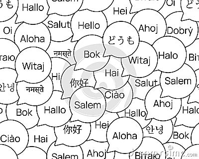 Bubble pattern Hello in different languages. Learning Greetings in world languages. Word in chat. Crowd of tourists. Vector Illustration