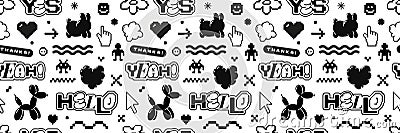 Bubble and pixel Y2k retro seamless pattern. Balloon abstract shapes and 8bit icons background. Vector Illustration