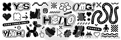 Bubble and pixel Y2k retro sticker pack. Balloon abstract shapes and 8bit icons in trendy retro style. Vector Illustration