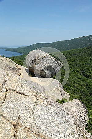 Bubble Rock on top of the South Bubble Mountain At Acadia National Park in Maine Stock Photo