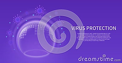 Bubble shield. Glowing transparent sphere with pattern, virus barrier background. Infection protection purple banner Vector Illustration