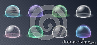 Bubble shields, protection force fields. Realistic set of safety energy barrier, defense spheres Vector Illustration