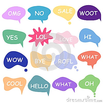 Bubble talk phrases. Online chat clouds with different words comments information shapes vector Vector Illustration