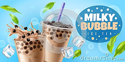 Bubble tea. Asian milk boba tea drink with tapioca pearls, plastic cup with cool beverage bubbles splash and closed Vector Illustration