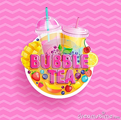 Bubble tea banner. Bubbletea with fruits, berries. Vector Illustration