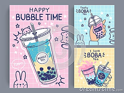 Bubble tea banner. Famous drink asian bubble tea, taiwanese green or fruit tea with balls in plastic cups, pearl milk Vector Illustration