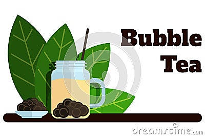 Bubble tea banner with tea leaves Vector flat labels Vector Illustration