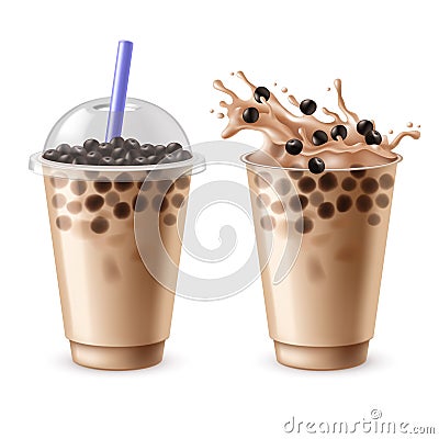 Bubble tea. Bubbles milk drinks with black tapioca, delicious milkshake, sweet liquid dessert with balls, popular asian Vector Illustration