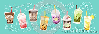 Bubble tea, coffee drink. Doodle cup of ice milk, milkshake in glasses, cute cartoon beverages for cafe menu, dessert ad Vector Illustration