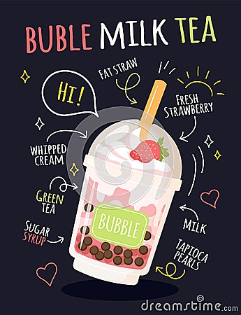 Bubble tea and coffee. Typography menu banner with slogans. Ice milk drink. Cup for funny fashion girl. Summer hipster Vector Illustration