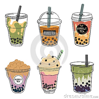 Bubble tea collection, drink in plastic cup with straw Vector Illustration