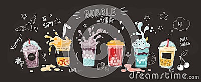 Bubble tea cup. Cartoon hand drawn poster of sweet drinks. Glasses and splashing liquid. Collection of yummy milk shakes Vector Illustration