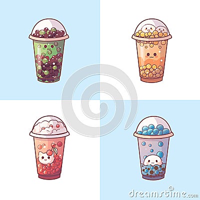 Bubble tea cup design collection, Pearl milk tea, Taiwan milk tea,Yummy drinks, coffees and soft drinks with doodle Vector Illustration