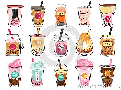 Bubble tea doodles. Dessert asian drinks in plastic cups delicious cold mocha freshness tea vector illustrations set Vector Illustration