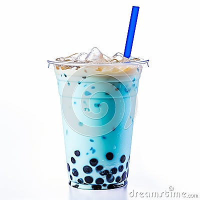 bubble tea glass with blue blueberry milk drink, ice cubes and bubbles. Stock Photo