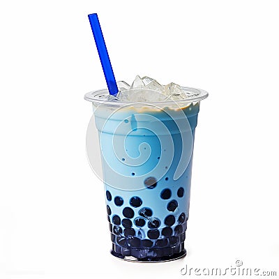 bubble tea glass with blue blueberry milk drink, ice cubes and bubbles. Stock Photo