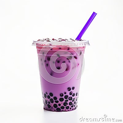 bubble tea glass with blueberry milk drink, ice cubes and bubbles. Stock Photo