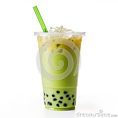bubble tea glass with milky green drink with matcha, ice cubes and bubbles. Stock Photo