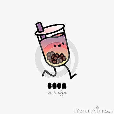 Bubble tea illustration with delicious tapioca and jelly delivery. Boba tea running character illustration logo. Vector Illustration