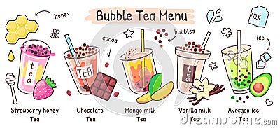 Bubble tea menu, boba drink in different flavors. Summer iced tea with tapioca pearls, taiwan pearl milk drinks shop Vector Illustration