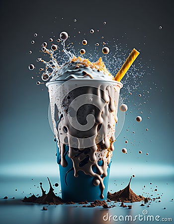 Bubble tea and milk with bright splashes. The drinking water is chocolate and added with a sprinkle of cocoa powder. Stock Photo