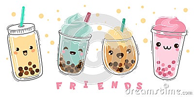 Bubble tea. Milk tea with tapioca, modern taiwanese pearl liquid dessert with balls, soft boba drinks plastic cup with Vector Illustration