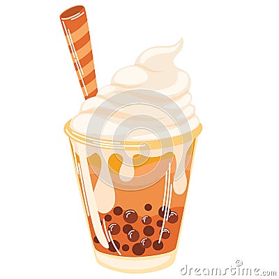 Bubble milk tea with tapioca pearls. Summer drink with the addition of tapioca liquid with cream and a straw. Vector Illustration