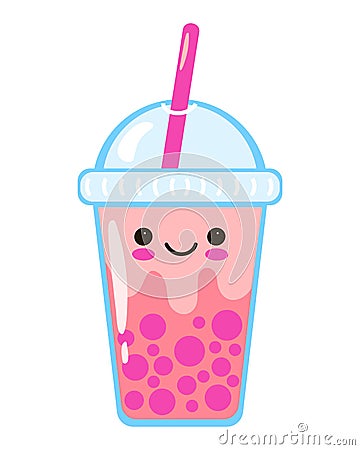 Bubble tea - or pearl boba milk tea - cute vector charcter with kawaii face. illustration in simple flat style. plastic Vector Illustration