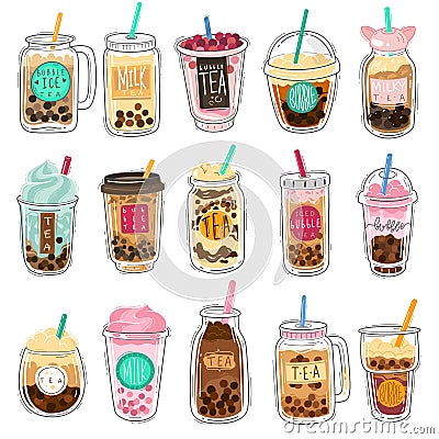 Bubble tea. Plastic cups with summer bubble asian tea, popular taiwanese pearl milk with balls, soft boba drinks with Vector Illustration