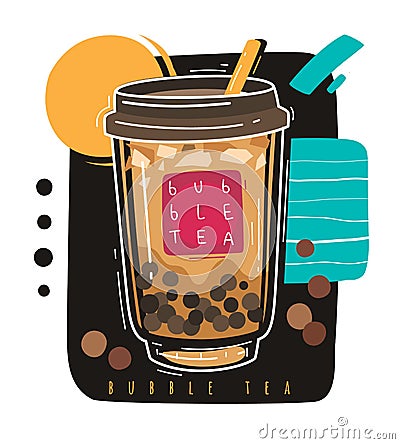 Bubble tea. Popular taiwanese sweet drink bubble tea, pearl milk boba with balls, famous asian milkshake liquid dessert Vector Illustration