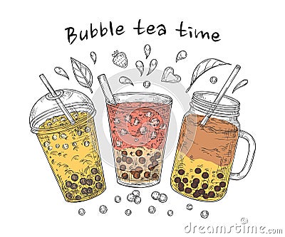 Bubble tea poster. Brown pearl coffee, famous sweet drinks. Popular asian milk tapioca drinking card. Fresh summer food Vector Illustration