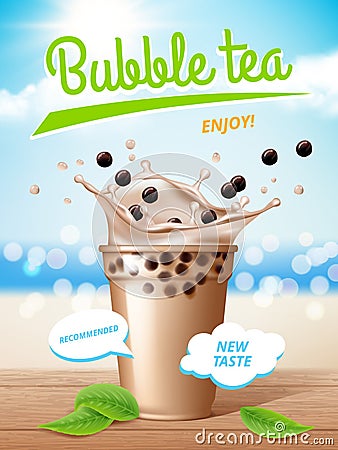 Bubble tea poster. Flowing milk delicious tapioca drinks with splashes promotional placard vector Vector Illustration