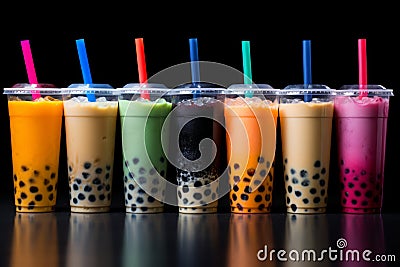 Bubble tea in various flavors, variety of tapioca tea milkshake in a row. Stock Photo